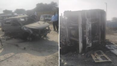 Photo of हरियाणा: केमिकल से भरे कैंटर में लगी आग, चपेट में आई क्रेटा कार